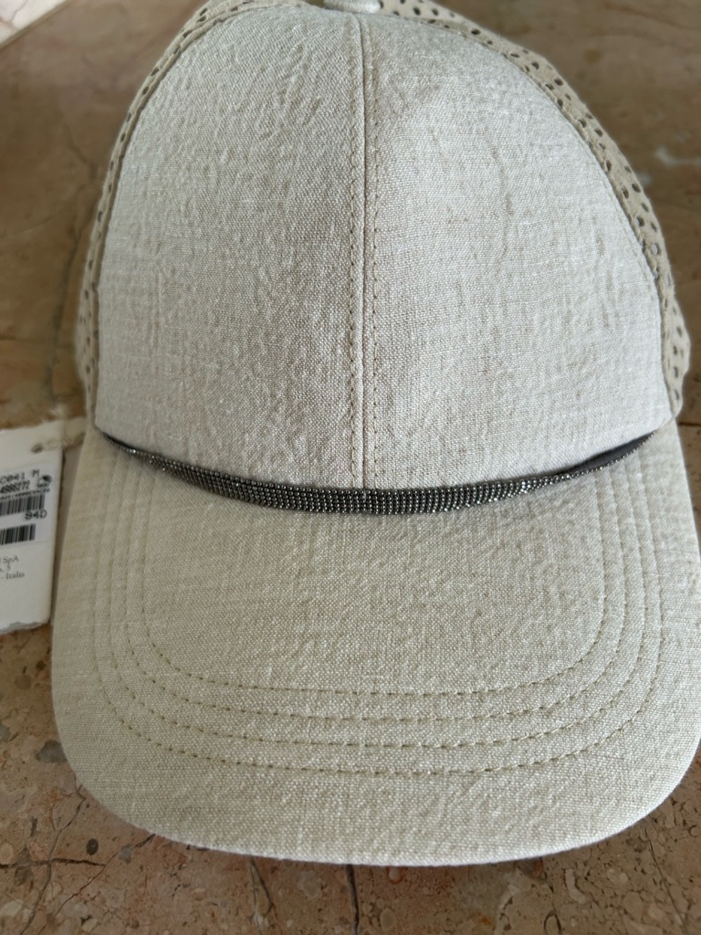 Brunello Cucinelli Gray Tan Perforated Panel Baseball Cap with monili beading - Picture 3 of 6